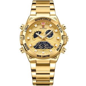 Nf9207 g g g naviforce watch men gold dial stainless steel metal golden strap quartz battery digital analog three hand for dream