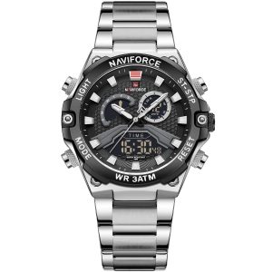 Nf9207 s b b naviforce watch men black dial stainless steel metal silver strap quartz battery digital analog three hand for dream