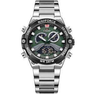 Nf9207 s b gn naviforce watch men green dial stainless steel metal silver strap quartz battery digital analog three hand for dream