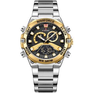 Nf9207 s g b naviforce watch men black gold dial stainless steel metal silver strap quartz battery digital analog three hand for dream