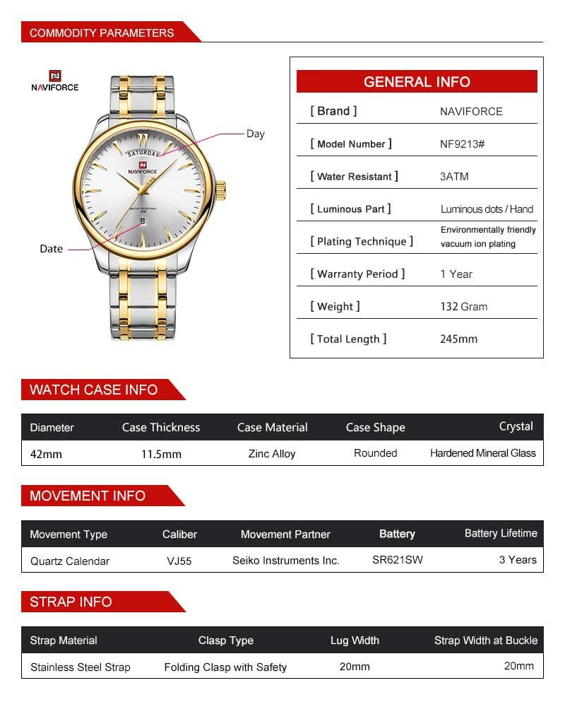 Naviforce Men's Watch NF9213 G W | Watches Prime