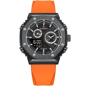 Nf9216t b b o naviforce watch men black dial rubber orange strap quartz battery digital analog three hand for dream