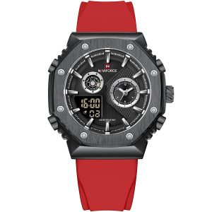 Nf9216t b b r naviforce watch men black dial rubber red strap quartz battery digital analog three hand for dream