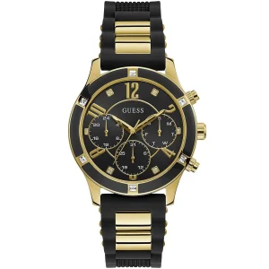 Gw0039l1 guess watch women black dial rubber gold strap quartz battery analog breeze