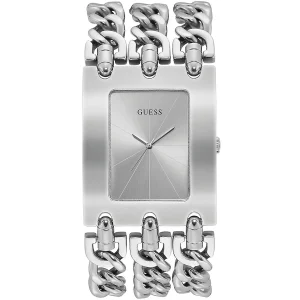 W1274l1 guess square watch women silver dial metal stainless steel strap quartz battery analog heavy