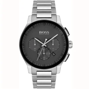 1513762 hugo boss watch men black dial metal stainless steel silver strap quartz battery analog chronograph peak