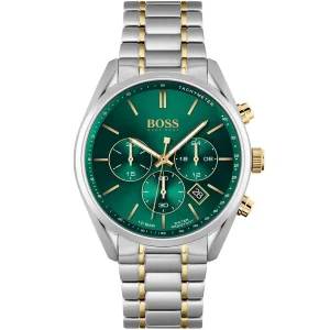 1513878 hugo boss watch men green dial metal stainless steel silver gold strap quartz battery analog chronograph 10bar water resistant champion