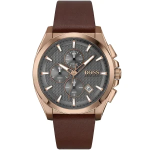1513882 hugo boss watch men gray dial leather brown strap quartz battery analog chronograph grandmaster
