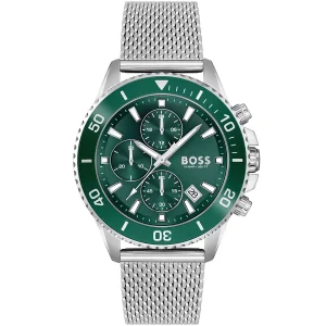 1513905 hugo boss watch men green dial metal stainless steel silver mesh strap quartz battery analog chronograph 10bar 330ft admiral