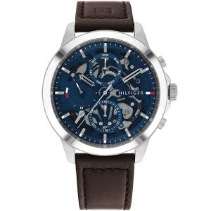 1710476 tommy hilfiger watch men blue dial leather brown strap quartz analog monthly weekly date henry