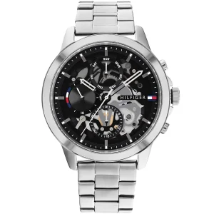 1710477 tommy hilfiger watch men black dial metal stainless steel silver strap quartz analog monthly weekly date henry