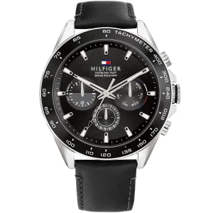 1791964 tommy hilfiger watch men black dial leather strap quartz analog chronograph 5atm 165feet water resistant owen