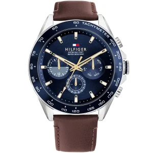 1791965 tommy hilfiger watch men blue dial leather brown strap quartz analog chronograph 5atm 165 feet water resistant owen