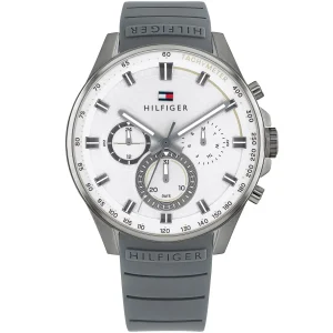 1791972 tommy hilfiger watch men white dial rubber gray strap quartz analog chronograph max