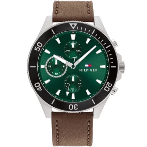 1791983 tommy hilfiger watch men green dial leather brown strap quartz analog chronograph larson