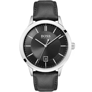1513611 hugo boss watch men black dial leather strap quartz battery analog three hand officer