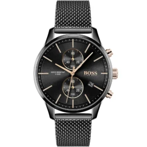 1513811 hugo boss watch water resistant 5bar men black dial metal stainless mesh strap quartz battery analog chronograph associate