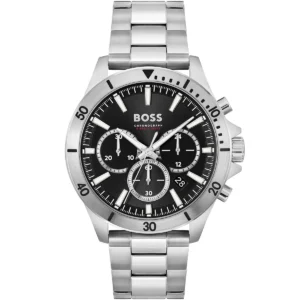 1514057 hugo boss watch chronograph 5bar 165ft men black dial metal stainless silver strap quartz battery analog troper