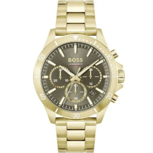 1514059 hugo boss watch chronograph 5bar 165ft men gray dial metal stainless gold strap quartz battery analog troper