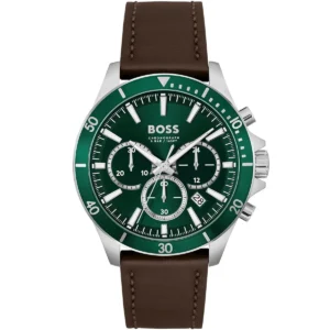 1514098 hugo boss watch men green dial leather brown strap quartz battery analog chronograph troper