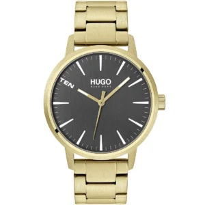 1530142 hugo boss watch men black dial metal stainless gold strap quartz battery analog three hand stand