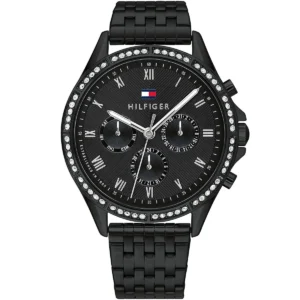 1782144 tommy hilfiger watch women crystals black dial metal stainless steel strap quartz battery analog ari