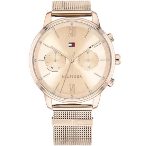 1782303 tommy hilfiger watch women rose gold dial mesh metal stainless steel golden strap quartz battery analog three hand blake