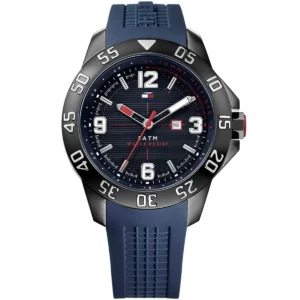 1790984 tommy hilfiger watch 5atm water resist men black dial rubber blue strap quartz battery analog three hand cole