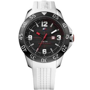1790986 tommy hilfiger watch 5atm water resist men black dial rubber white strap quartz battery analog three hand cole