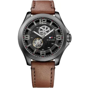 1791280 tommy hilfiger watch men black dial leather brown strap automatic analog three hand bruce