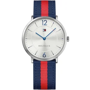 1791328 tommy hilfiger watch men silver dial multi blue red strap quartz battery analog three hand ultra slim
