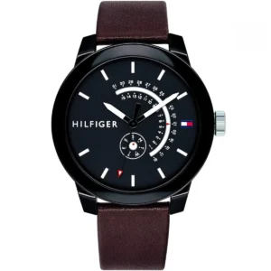 1791478 tommy hilfiger watch men black dial leather brown strap quartz battery analog three hand denim