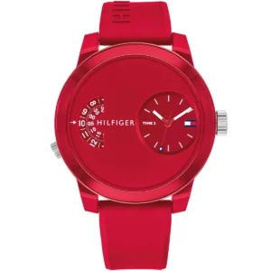 1791557 tommy hilfiger watch men dual time red dial rubber strap quartz battery analog denim