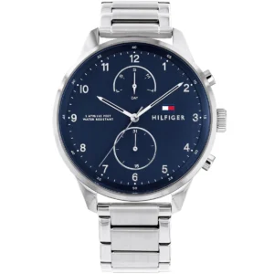 1791575 tommy hilfiger watch 5atm 165 feet water resistant men blue dial metal stainless steel silver strap quartz battery analog three hand chase
