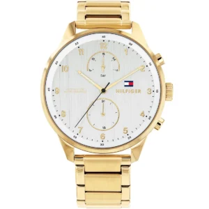 1791576 tommy hilfiger watch 5atm 165 feet water resistant men white dial metal stainless steel gold strap quartz battery analog three hand chase