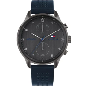 1791578 tommy hilfiger watch 5atm 165 feet water resistant men gray dial leather blue strap quartz battery analog three hand chase
