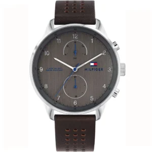 1791579 tommy hilfiger watch 5atm 165 feet water resistant men gray dial leather brown strap quartz battery analog three hand chase
