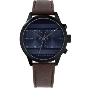 1791593 tommy hilfiger watch men dual time blue dial leather brown strap quartz battery analog icon