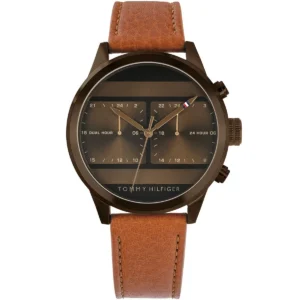 1791594 tommy hilfiger watch men dual time brown dial leather strap quartz battery analog icon