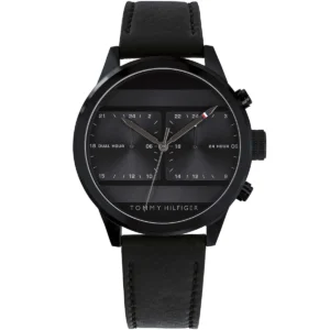 1791595 tommy hilfiger watch men dual time black dial leather strap quartz battery analog icon