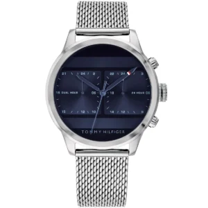 1791596 tommy hilfiger watch men blue dial mesh metal stainless steel silver strap quartz battery analog three hand icon