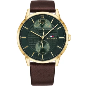 1791607 tommy hilfiger watch men green dial leather brown strap quartz battery analog three hand hunter