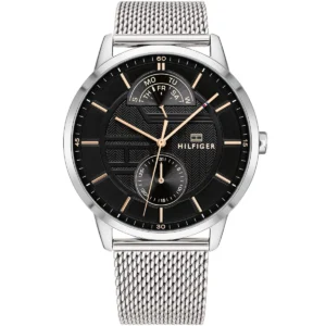 1791610 tommy hilfiger watch men black dial mesh metal stainless steel silver strap quartz battery analog three hand hunter