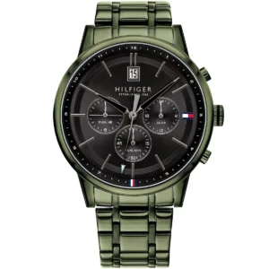 1791634 tommy hilfiger watch established in 1985 dual time men black dial metal stainless steel green strap quartz battery analog kyle