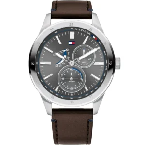1791637 tommy hilfiger watch men gray dial leather brown strap quartz battery analog three hand austin