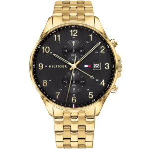 1791708 tommy hilfiger watch men black dial metal stainless steel gold strap quartz battery analog chronograph west