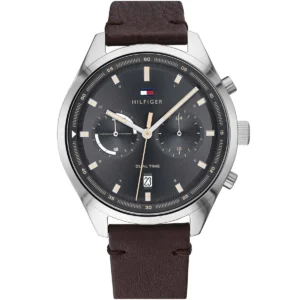 1791729 tommy hilfiger watch men dual time gray dial leather brown strap quartz battery analog bennett
