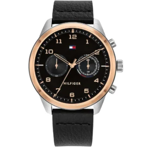 1791786 tommy hilfiger watch dual time men black dial leather strap quartz battery analog patrick
