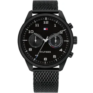 1791787 tommy hilfiger watch dual time men black dial mesh metal stainless steel strap quartz battery analog patrick