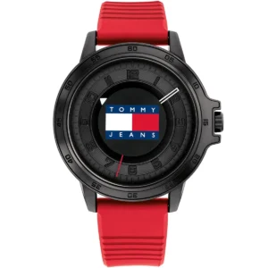 1792033 tommy hilfiger watch jeans men black dial rubber red strap quartz battery analog three hand houston